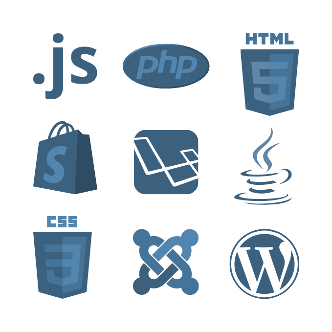 Visual representation of coding languages: HTML, CSS, JavaScript, Shopify, and PHP, used to create custom web designs and development solutions.