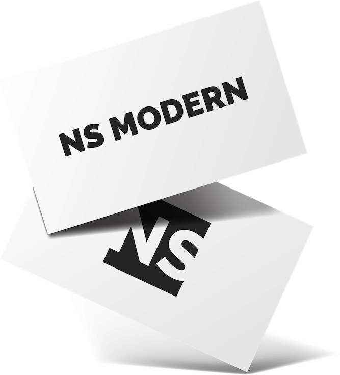NS Modern logo design displayed on a professional business card, showcasing a strong brand identity